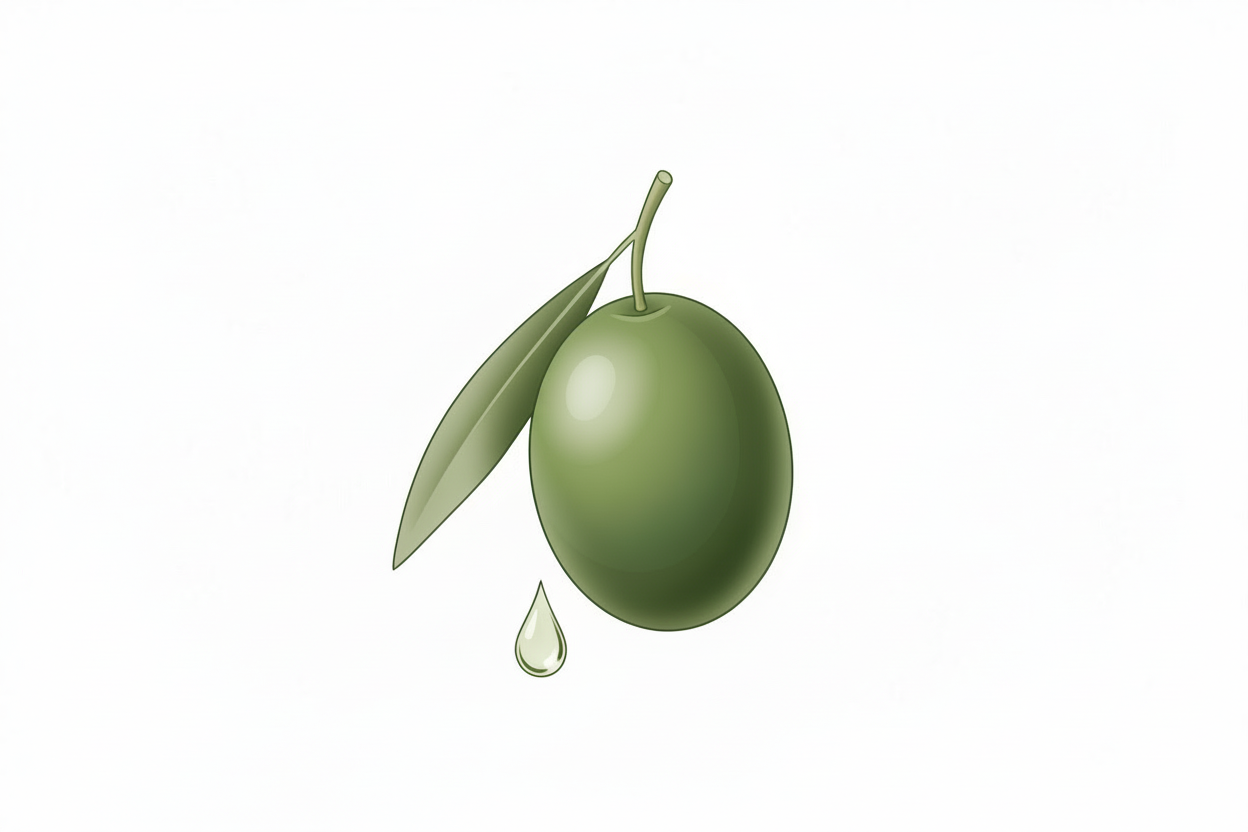 “Create a VERY BIG Squalane raw ingredient icon in the PURITO Mighty Bamboo Panthenol Cream color palette (#5C8A6D and #A4C6A8). Use a clean, minimal K-beauty style. Illustrate a botanical olive-source element — such as an olive fruit with leaf, or a soft oil droplet derived from olives. Do NOT use molecular graphics, no particles, no scientific structures. No text, no circular background. Pure white background, high resolution, crisp edges.”
