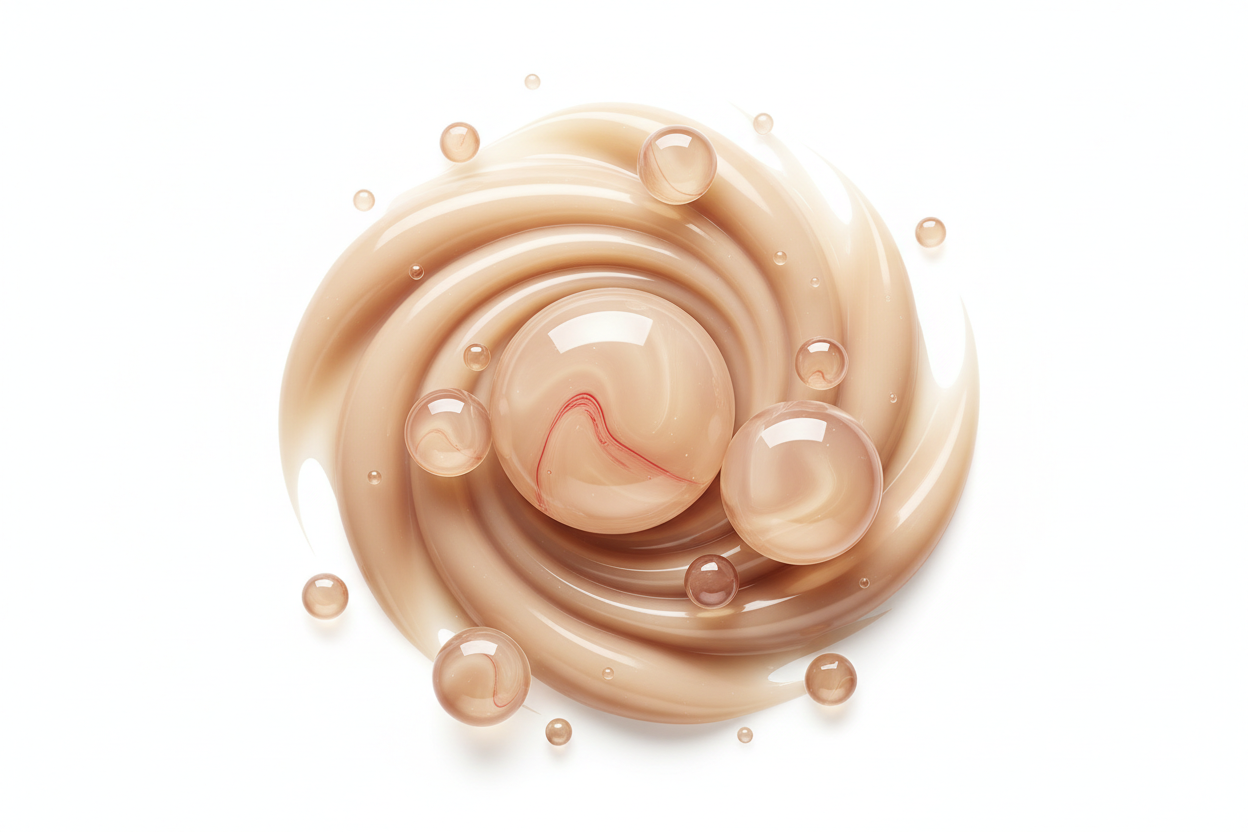 “Create a high-resolution image of raw ceramides shown as glossy, creamy lipid droplets and smooth textured swirls in a premium Korean-skincare style. The ceramide elements should use a beige color palette with subtle red accents integrated into the droplets or highlights. Place the ingredient composition on a pure, bright white background only — no gradients, no beige or grey tint in the background, and no shadows. Keep the composition centered, large, and highly detailed for use as a Shopify product ingre
