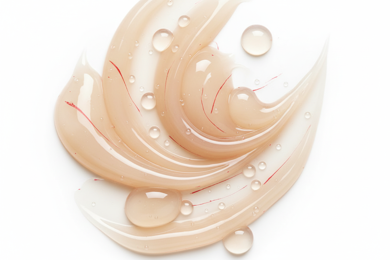 “Create a high-resolution image of raw ceramides shown as glossy, creamy lipid droplets or smooth textured swirls, presented in a premium Korean-skincare style. Use a beige color palette with subtle red accents incorporated into the scene or highlights. Place the ingredient on a full white background with soft, clean lighting. Make the ingredient large, detailed, and centered, suitable for a Shopify banner or product ingredient visual.”