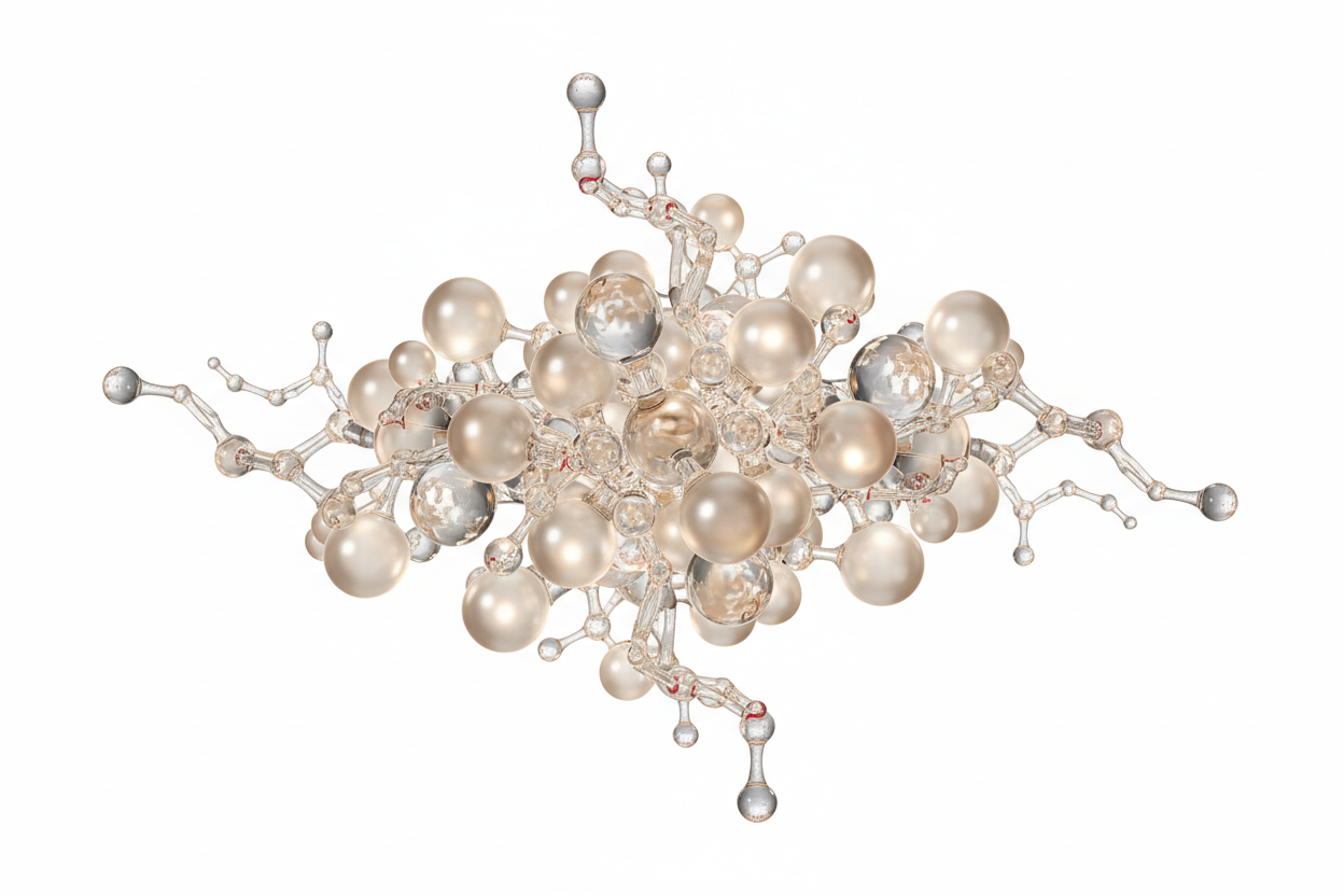 “Create a high-resolution image of raw peptides represented as translucent spheres or glowing molecular chains with a premium Korean-skincare look. Use a beige color palette with minimal red accents subtly integrated into the ingredient. Place the peptides on a clean, pure white background with bright, even lighting. Make the ingredient large, detailed, and centered for use in a Shopify banner.”